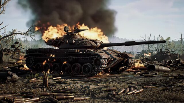 Powerful tanks clashing in intense combat, flames erupting in the battlefield, creating a scene of destruction and military might in action