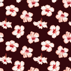 White red tropical flowers watercolor seamless pattern on dark brown. Hibiscus summer blooming repeat background for floral designs in Hawaiian style. Hand drawn simple blossom backdrop