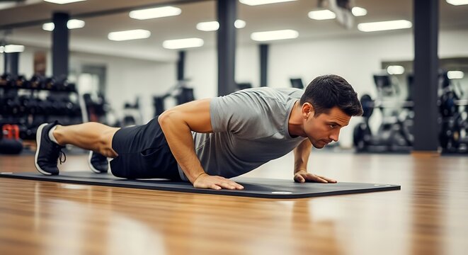 Man doing push - ups on mat in gym Focused fitness training for strength Bodyweight exercise Healthy lifestyle and determination
