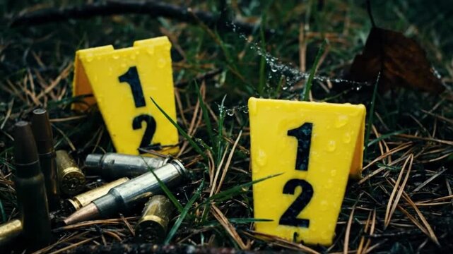 Crime scene with bullet casings and evidence markers on damp ground