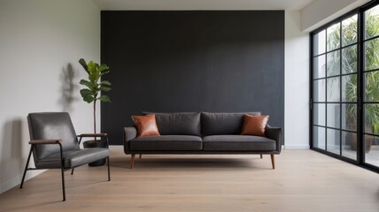 A modern living room with a gray sofa, armchair, and a large window, creating a cozy and inviting space for relaxation and entertainment