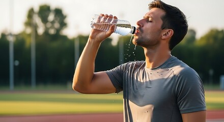 A man drinks water after working out quenching his thirst He stays hydrated on the track Keeping fit and staying healthy