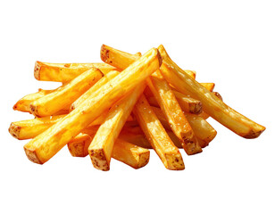Pile of golden, crispy, and freshly fried potato fries sit against a pure black background, offering an appealing food image, capturing the appealing texture, shape, and color from the fast-food...