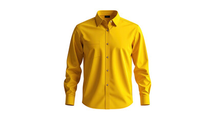 Bright yellow long-sleeved button-up shirt against a black background, highlighting the garment's form, texture, and modern design, showcasing a minimalist and stylish appeal.