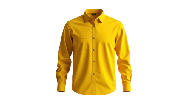 Bright yellow long-sleeved button-up shirt against a black background, highlighting the garment's form, texture, and modern design, showcasing a minimalist and stylish appeal.