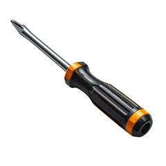 view showcases a Phillips head screwdriver, highlighting its metallic shaft, textured handle, and contrasting orange accents against a dark, solid black background for a striking visual.