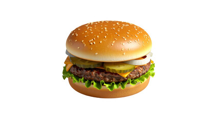 Delicious and inviting food image showcasing a classic burger. The sesame seed bun, juicy patty, crisp lettuce, melted cheese, and fresh pickles are all perfectly presented, creating a visual feast.