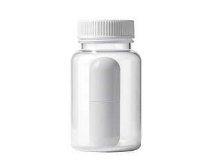 A transparent plastic bottle containing a white capsule, captured against a solid black background, showcasing a simple composition with clean lines and a sense of clinical purity.