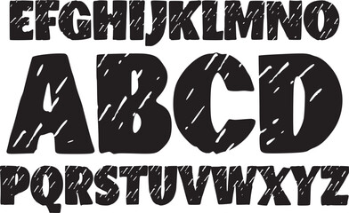 Bold grunge cartoon vector alphabet A-Z. Hand drawn capital letters with scratch texture, perfect for posters, logos, kids projects, stickers, and creative typography design.