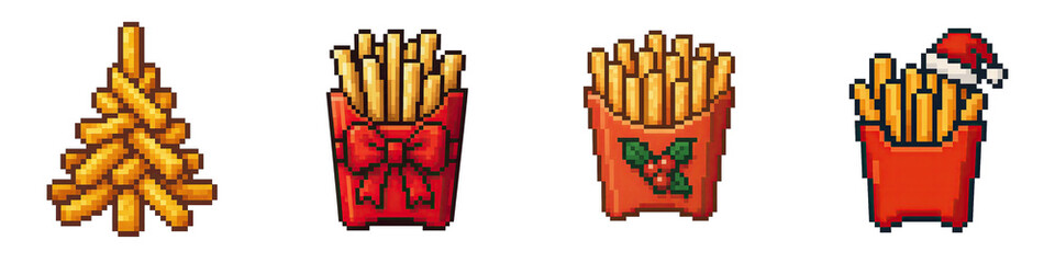Christmas food pixel art shows festive fries with holiday decorations and drinks in joyful pixel style