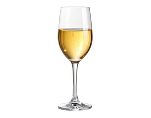 Refreshing alcoholic beverage, a crisp and clear glass of champagne or white wine, captured against a stark, solid black background, highlighting the light yellow liquid and delicate bubbles,...