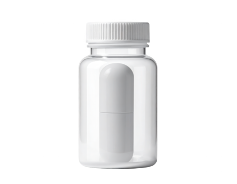 A transparent plastic bottle containing a white capsule, captured against a solid black background, showcasing a simple composition with clean lines and a sense of clinical purity.