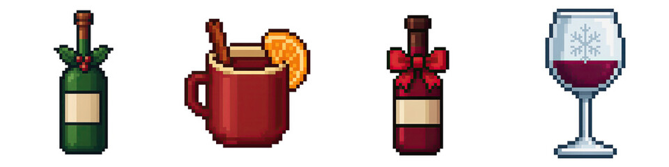 Christmas food drinks pixel art festive wine bottle cup glass red orange cinnamon holly bow celebration winter holiday beverage warm cozy