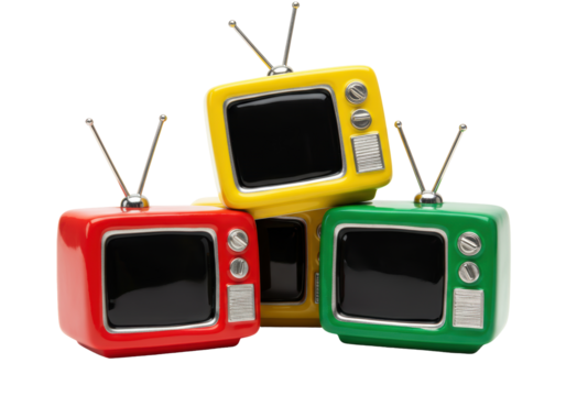 Isolated primary colored vintage televisions pile up in a retro design for broadcast media