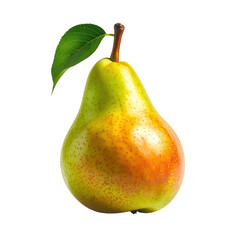 A beautifully ripe pear with a green leaf and brown stem is set against a stark black background, highlighting its textures and natural colors, showing the fruit's freshness and appealing visual...
