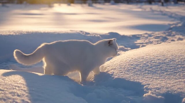 白雪に映る夕焼け、猫を追うカメラの影