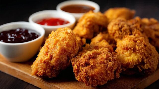 A tempting platter of crispy fried chicken is served with an array of tangy sauces, evoking feelings of indulgence and delight for food lovers and culinary enthusiasts.