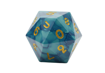 Isolated teal blue D20 die with gold numbers and light marbling, roll the dice and gamble