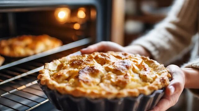 A Perfectly Baked Apple Pie Being Lifted from the Oven, Showcasing a Golden Crust and Deliciously Bubbly Filling in a Cozy Kitchen Setting