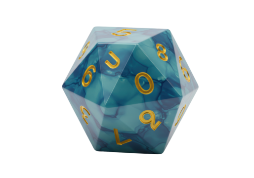 Isolated teal blue D20 die with gold numbers and light marbling, roll the dice and gamble