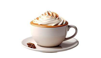 Delightful, creamy beverage topped with whipped cream and a sprinkle of spice in a pristine white ceramic mug, resting elegantly on a matching saucer, alongside a small group of roasted coffee beans,