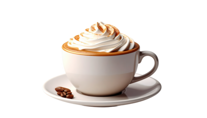Delightful, creamy beverage topped with whipped cream and a sprinkle of spice in a pristine white ceramic mug, resting elegantly on a matching saucer, alongside a small group of roasted coffee beans,