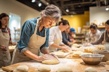 Several individuals work together in a spacious kitchen, focused on kneading dough for bread. Flour is scattered on the wooden tables as they learn baking techniques