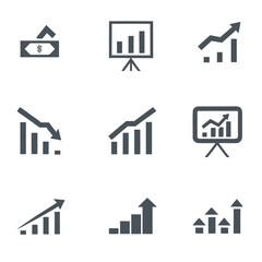 Collection of dark gray financial graph icons and dollar bill symbol chart finance