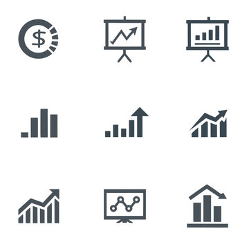 Collection of dark gray financial and business graph icons on white background chart finance