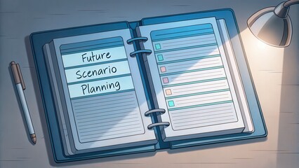 Open planner on a desk showing "Future Scenario Planning" notes, with pen and lamp