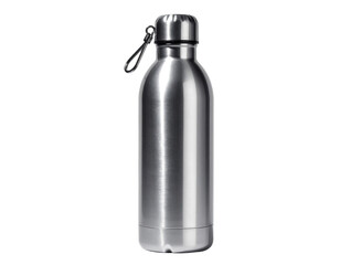 Sleek stainless steel water bottle, presented against a stark black backdrop, exhibiting a minimalist and modern aesthetic, featuring a secure cap with a small carabiner clip for portability and ease.