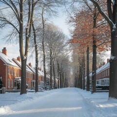 Snowy street lined with bare trees and red brick houses creating a serene winter scene in a residential neighborhood during daytime