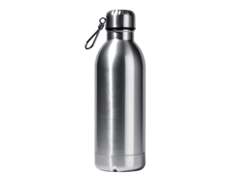 Sleek stainless steel water bottle, presented against a stark black backdrop, exhibiting a minimalist and modern aesthetic, featuring a secure cap with a small carabiner clip for portability and ease.