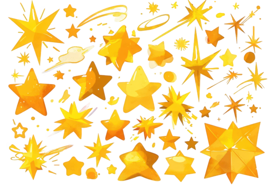 Collection of Hand Drawn Golden Stars with Transparent Background Isolated on Black