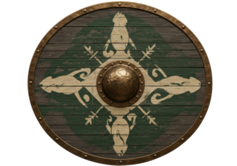 Isolated round shield with pattern design is an object used for protection during combat