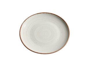 Overhead shot of an empty, off-white ceramic plate featuring subtle swirl patterns and a contrasting brown rim, placed on a solid black backdrop, showcasing a clean, minimalist aesthetic perfect for.