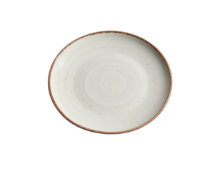 Overhead shot of an empty, off-white ceramic plate featuring subtle swirl patterns and a contrasting brown rim, placed on a solid black backdrop, showcasing a clean, minimalist aesthetic perfect for.