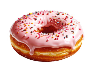 Delicious, freshly baked donut with sweet pink icing and colorful sprinkles, isolated against a stark black background, offering a visually appealing  that highlights the textures and vibrant colors.