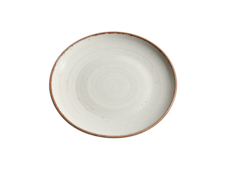Overhead shot of an empty, off-white ceramic plate featuring subtle swirl patterns and a contrasting brown rim, placed on a solid black backdrop, showcasing a clean, minimalist aesthetic perfect for.