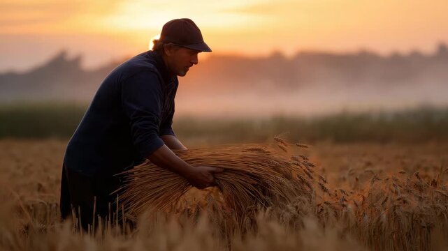 A farmer gathers freshly harvested wheat during sunrise, embodying the connection between agriculture and the beauty of nature, highlighting the essence of rural life and dedication.