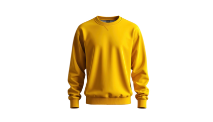 Vibrant yellow sweatshirt, showcased against a stark black backdrop, highlighting the item's form and texture, emphasizing its casual design and warm color palette, offering a minimalist and visually.