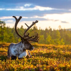 Reindeer resting in golden meadow at sunset