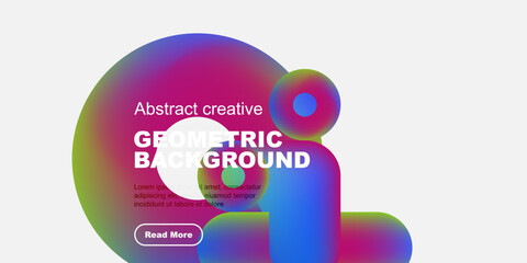Abstract colorful shapes form dynamic background. Text overlay promotes content with read more button. Minimalist design, clean aesthetic.