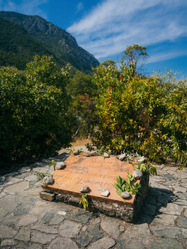Greece: 9.9.2025: Wide view of the famous Leonidas Monument at Thermopylae, Greece. This historic memorial honors King Leonidas I and the 300 Spartans who fought in the Battle of Thermopylae Greek