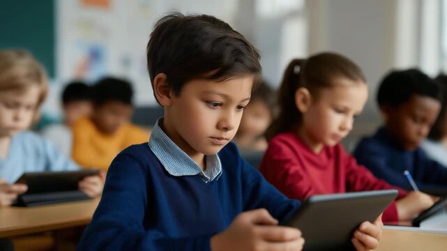 A group of children sitting in a classroom, focused on their tablets as they engage in learning, representing a modern approach to education in today's technological world.
