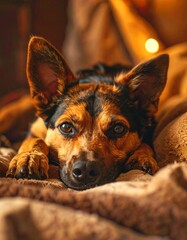 Relaxed dog resting on a bed