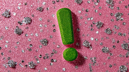Vibrant green exclamation mark on sparkling pink glitter background with shimmering silver accents, high-resolution, clean composition, studio lighting, visually striking