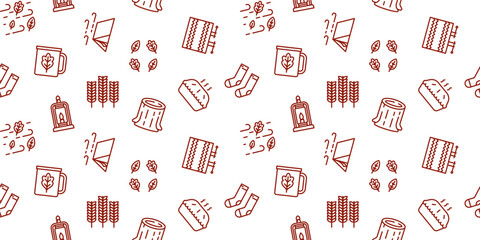 Cozy Autumn Day Seamless Pattern, Fall Hygge Background with Warm Drinks, Candles, Socks, Book, and Wood