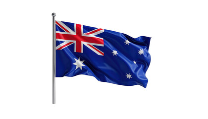 The Australian flag proudly waves in the wind, showcasing its intricate design against a stark black background, the dynamic movement captured in a realistic depiction; vibrant hues of blue, red, and.