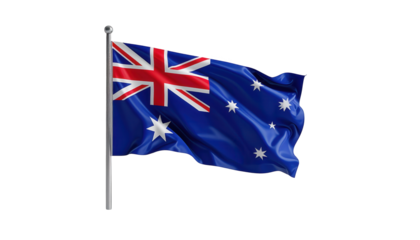 The Australian flag proudly waves in the wind, showcasing its intricate design against a stark black background, the dynamic movement captured in a realistic depiction; vibrant hues of blue, red, and.